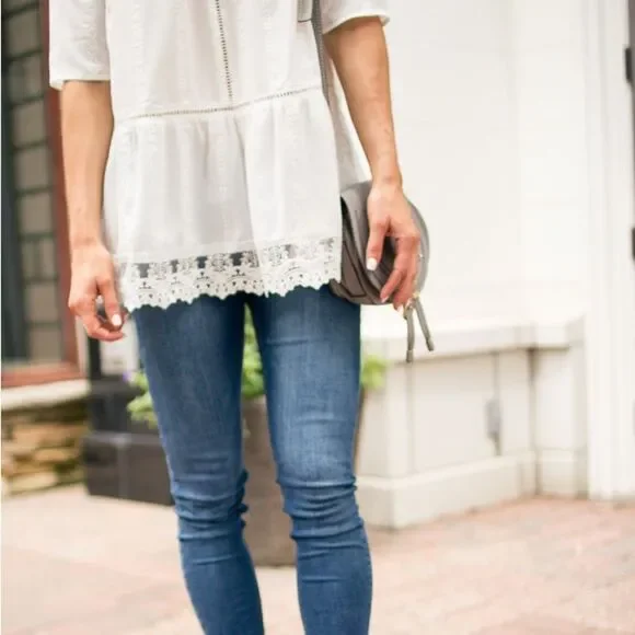Anthropologie Leith White Lace High Neck Top with Eyelet Cut Outs (Size: Small) - Picture 6 of 16